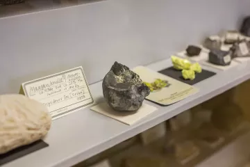 Mineralien liegen in einer Vitrine im Flur von Bertram Haude.