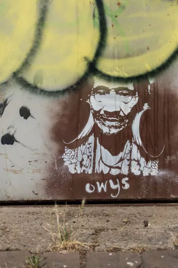 Der an die Hauswand gesprühte Indianer begleitet uns auf dem Weg entlang der Merseburger Straße.