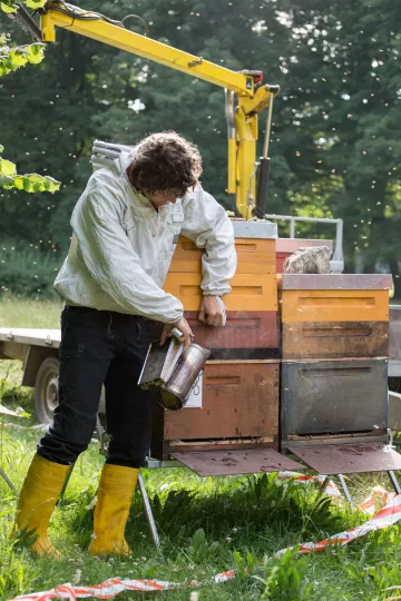 Christopher Mann bei seiner Arbeit als Imker im Clara-Zetkin-Park in Leipzig.