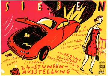 Postkarten zu den 24-Stunden-Ausstellungen. Die Siebdrucke sind von Thomas Matthaeus Müller. Sieben - eine künstlerische Hausbesetzung in der Hans-Poeche-Straße 2001.