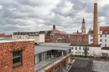 Blick über das Tapetenwerk in Richtung Leipzig-Plagwitz.