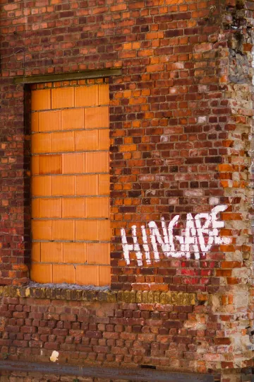 Aufnahme einer Hauswand in Leipzig Lindenau, auf der neben einem zugemauerten Fenster das Wort Hingabe gesprüht ist.
